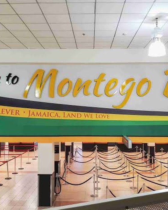 The welcome sign in the arrivals hall at Montego Bay airport