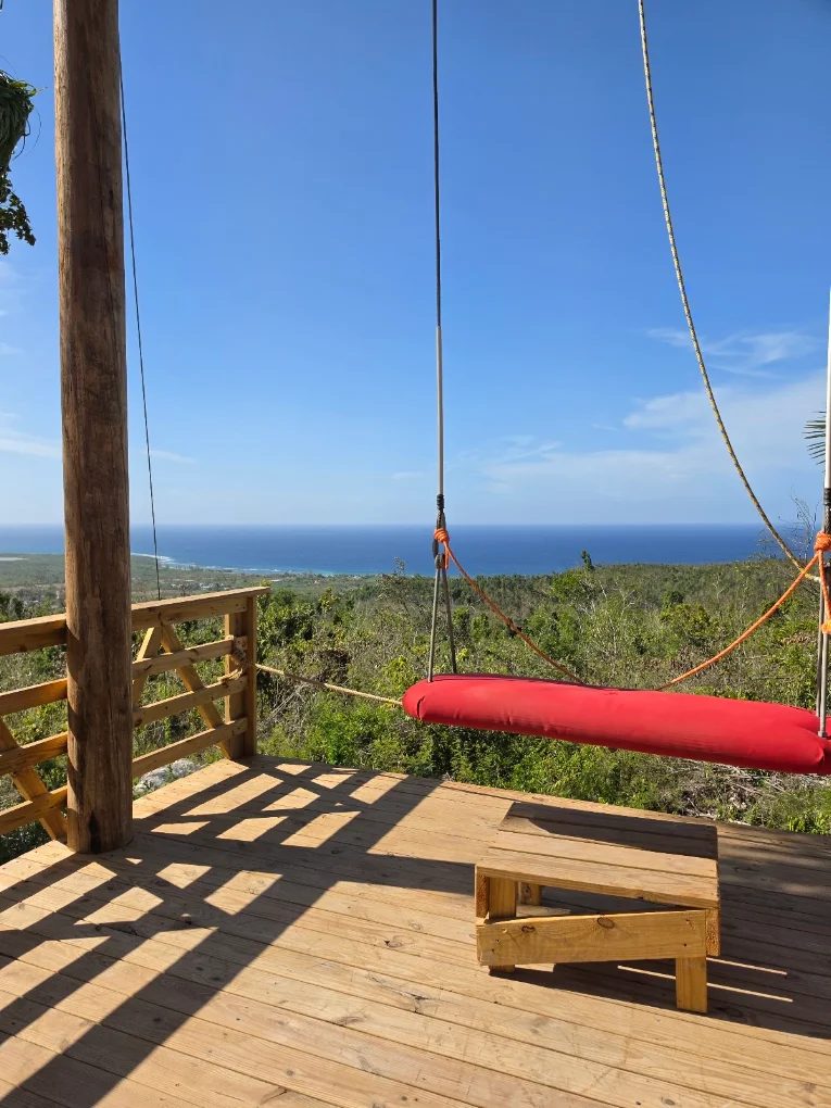 The swing deck at JamWest Braco, looking over the Trelawny hills to the sea