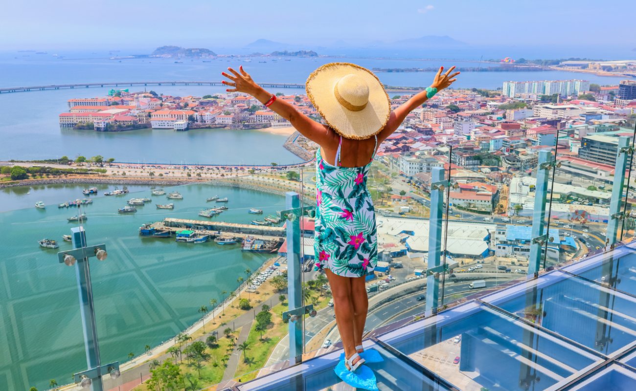 On the glass observation deck above Casco Viejo, Panama City