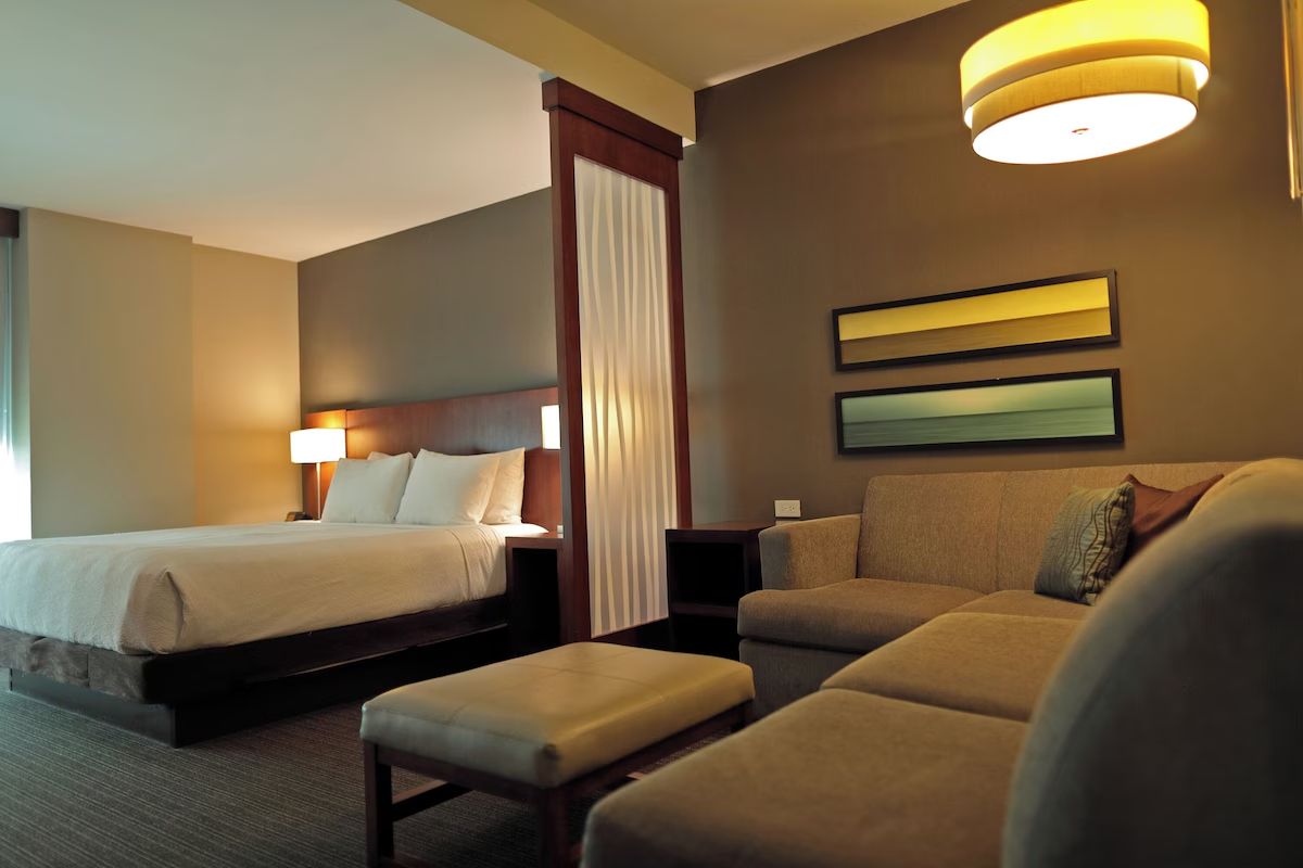 A king room with the sofa bed and seating area