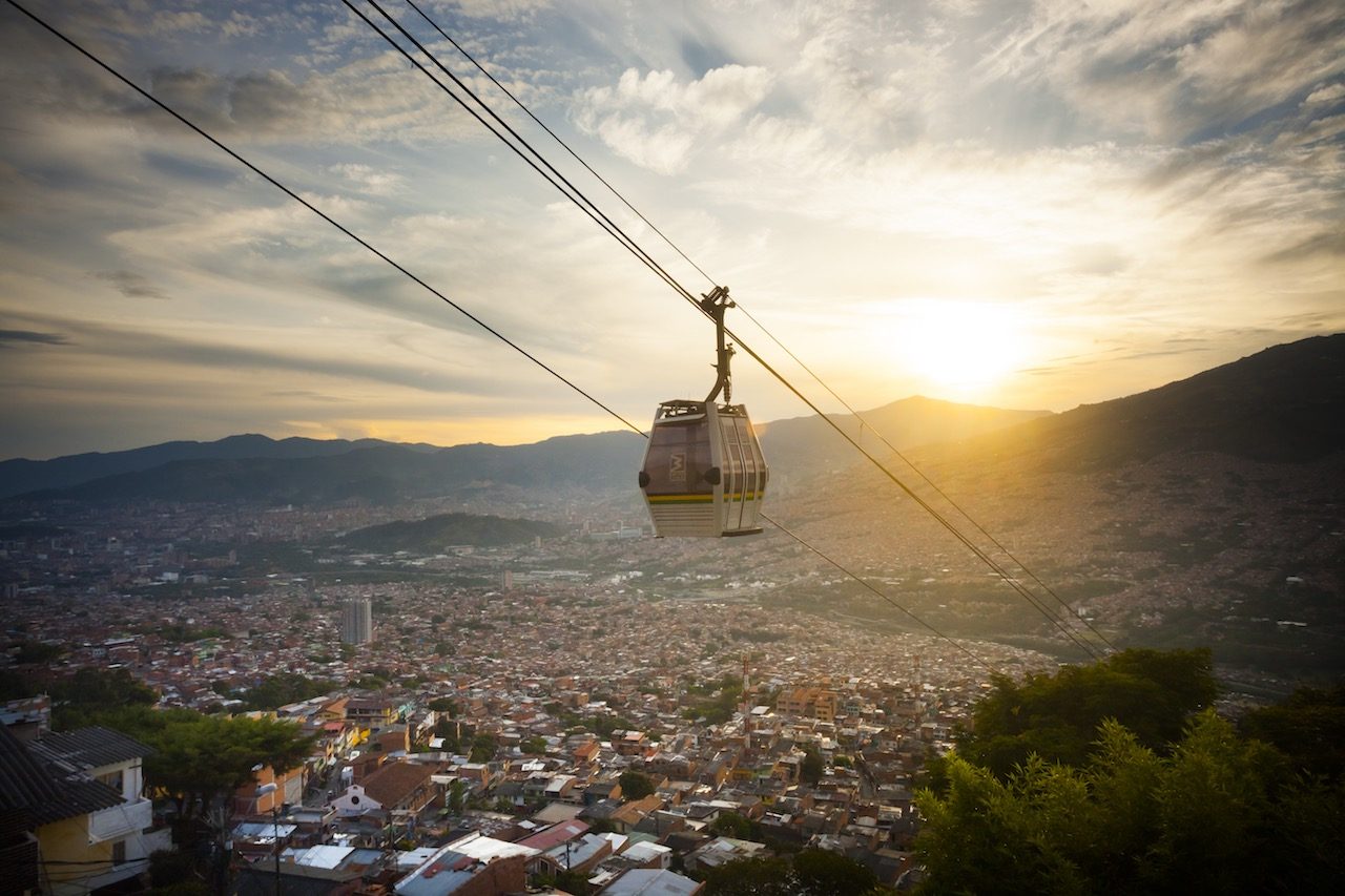 The Metrocable over Medellín at sunset